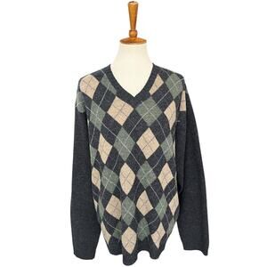 Vintage J.Crew 100% Lambswool Knit V-Neck Argyle Sweater Size XL